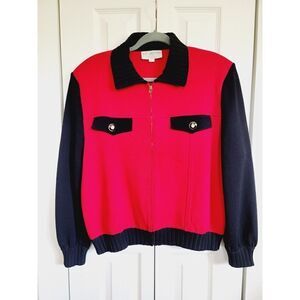 St. John Marie Gray L Red Knit Zip Up Cardigan Red Black Blazer Jacket *2 Holes*